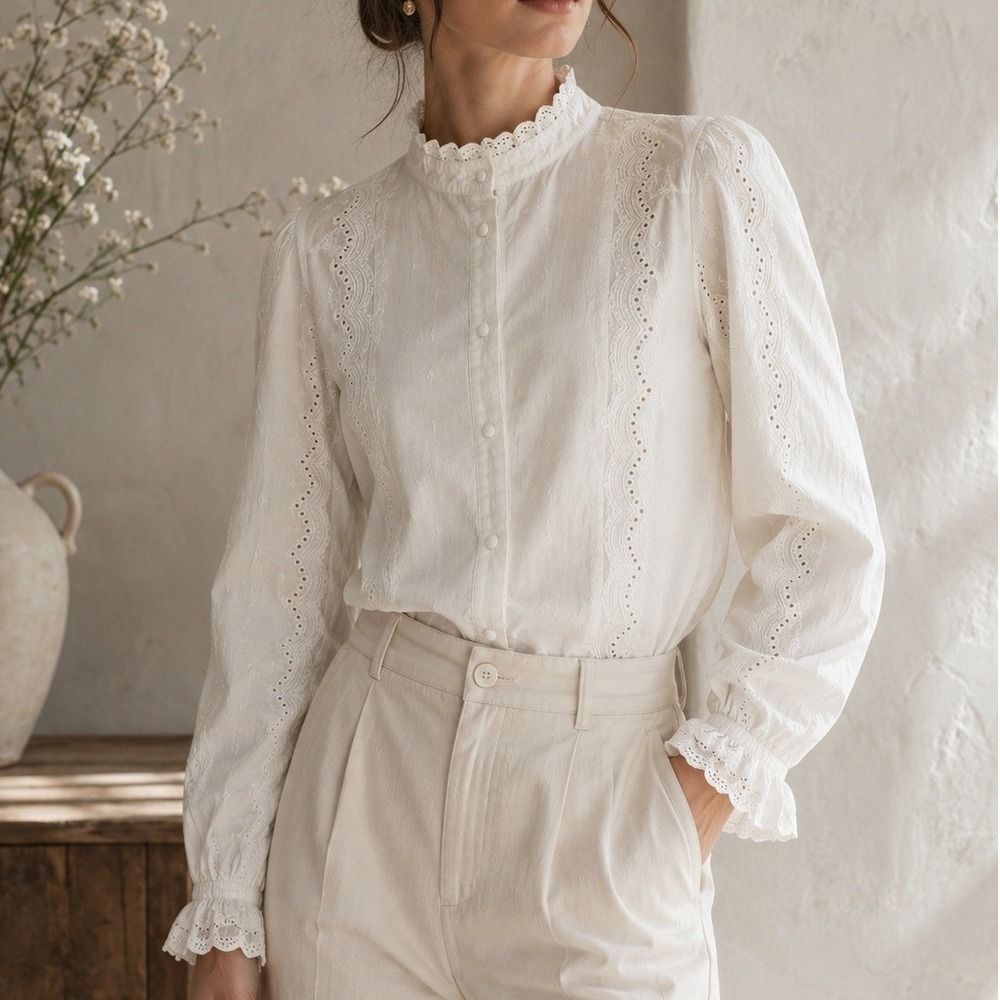 Zara Blouse S White Eyelet Embroidered Ruffle Button Front Prairie Cottagecore